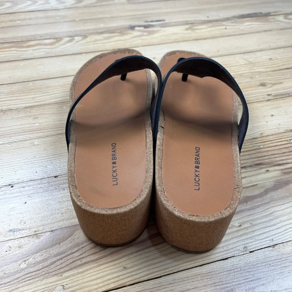 Lucky Brand Lizabi Black Platform Thong Wedge Sandals Cork Heel boho size 9